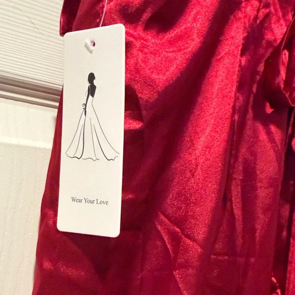 Short Satin Tie-Shoulder Corset back Sheath Dress in Red - Picture 3 of 4